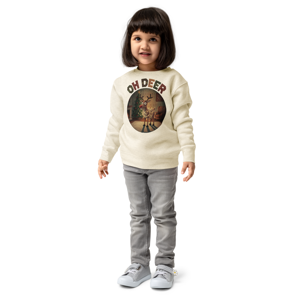 Oh Deer Toddler Ugly Christmas Sweater | Kids Crewneck Sweatshirt, Ages 2 to 7 Natural Heather on-model girl