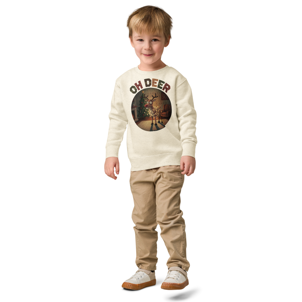 Oh Deer Toddler Ugly Christmas Sweater | Kids Crewneck Sweatshirt, Ages 2 to 7 Natural Heather on-model boy