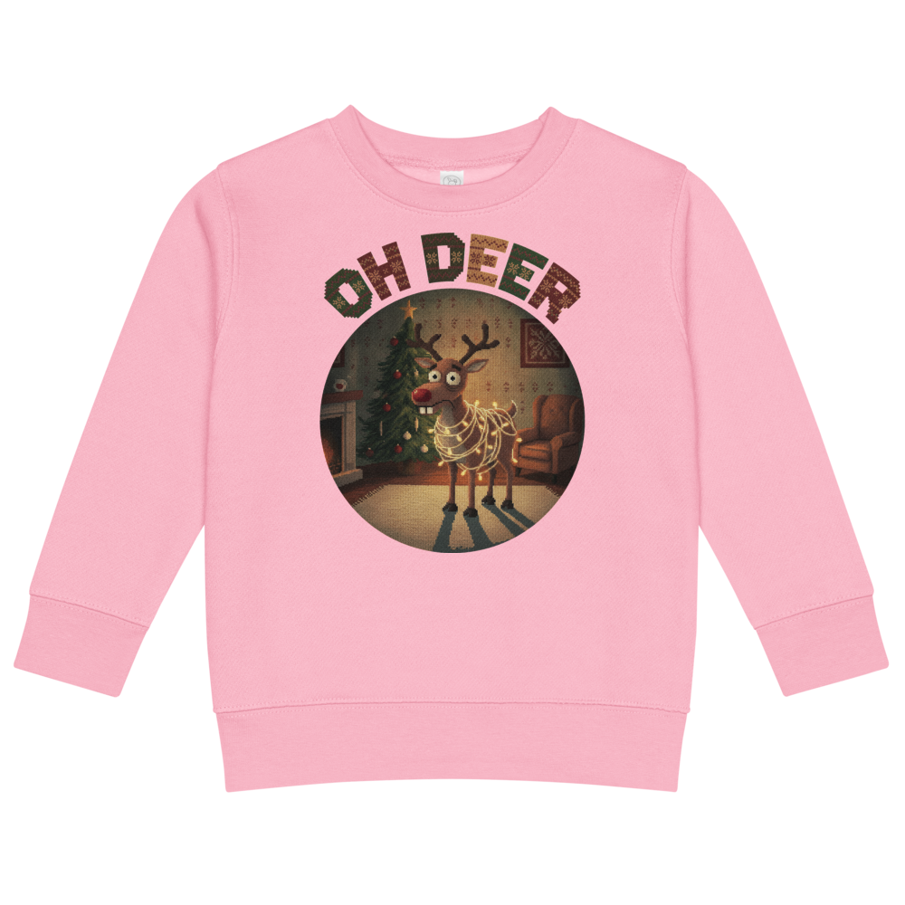 Oh Deer Toddler Ugly Christmas Sweater | Kids Crewneck Sweatshirt, Ages 2 to 7 Pink flat