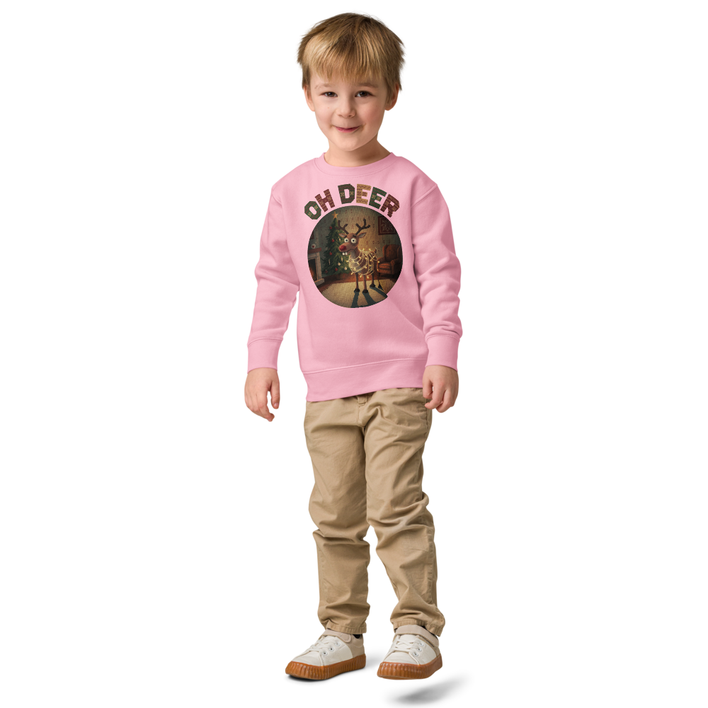Oh Deer Toddler Ugly Christmas Sweater | Kids Crewneck Sweatshirt, Ages 2 to 7 Pink on-model boy