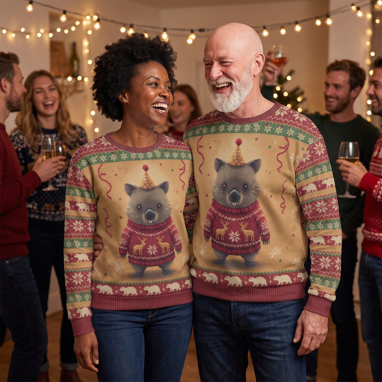 Styling photo, Party Animal Matching Ugly Christmas Sweaters for Couples