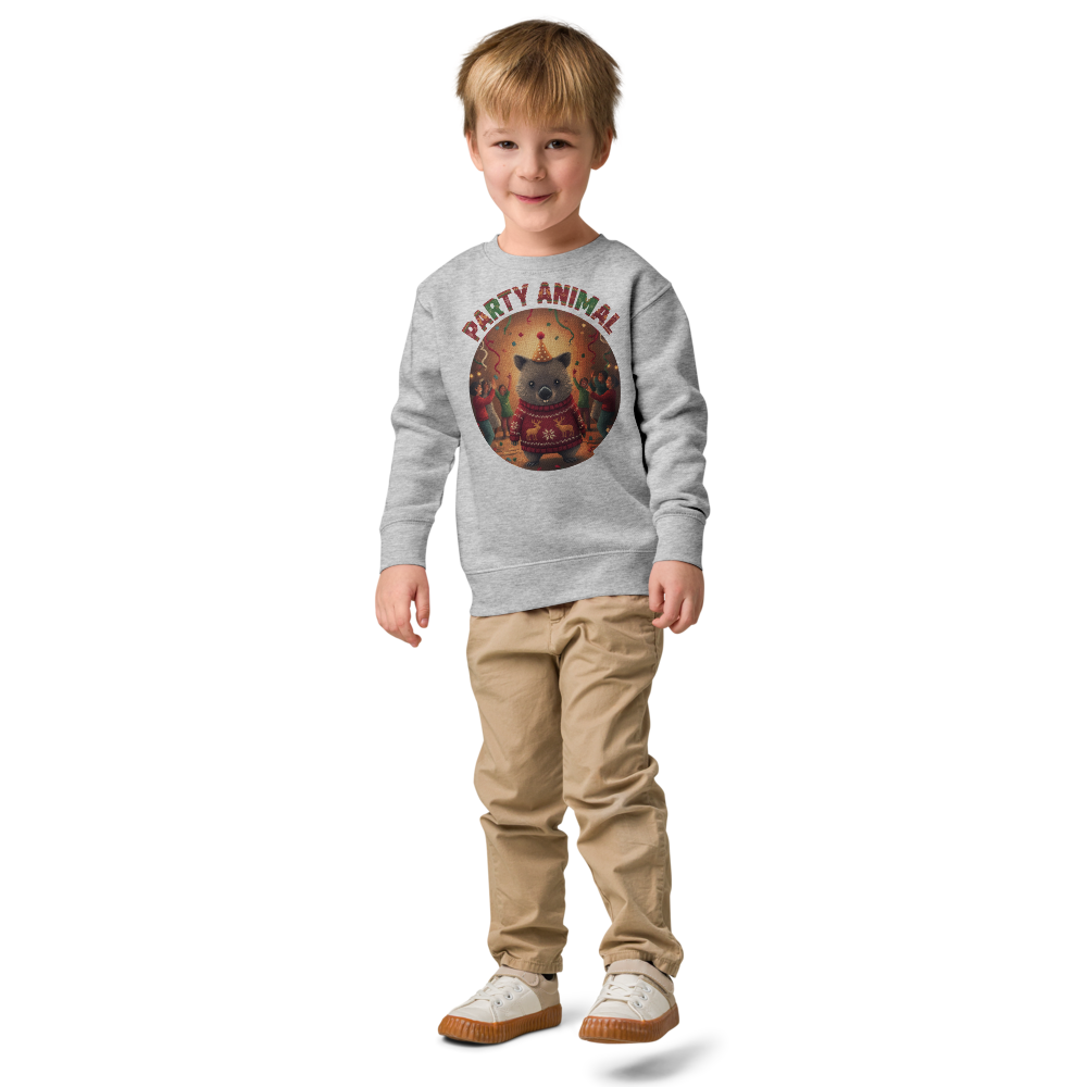 Party Animal Toddler Ugly Christmas Sweater | Kids Crewneck Sweatshirt, Ages 2 to 7 Heather on-model boy