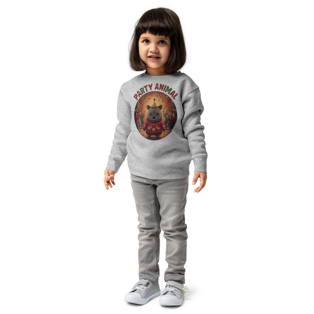 Party Animal Toddler Ugly Christmas Sweater | Kids Crewneck Sweatshirt, Ages 2 to 7 Heather on-model girl
