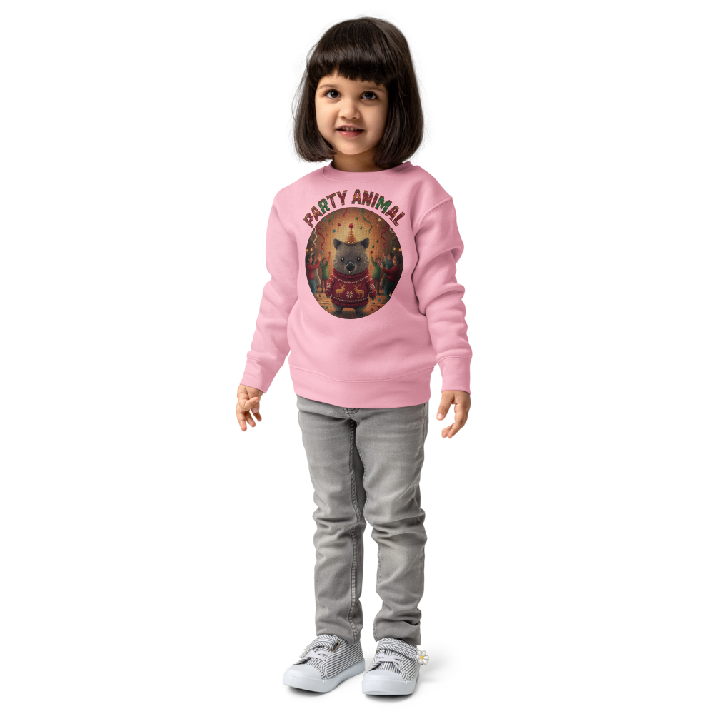 Party Animal Toddler Ugly Christmas Sweater | Kids Crewneck Sweatshirt, Ages 2 to 7 Pink on-model girl