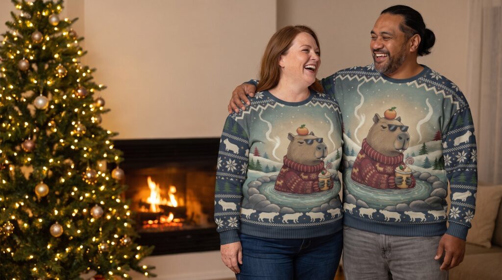 Plus size couple laughing in matching Chill Capybara ugly Christmas sweaters