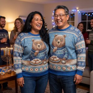 Plus size styling photo, Powder Day Matching Ugly Hanukkah Sweaters for Couples