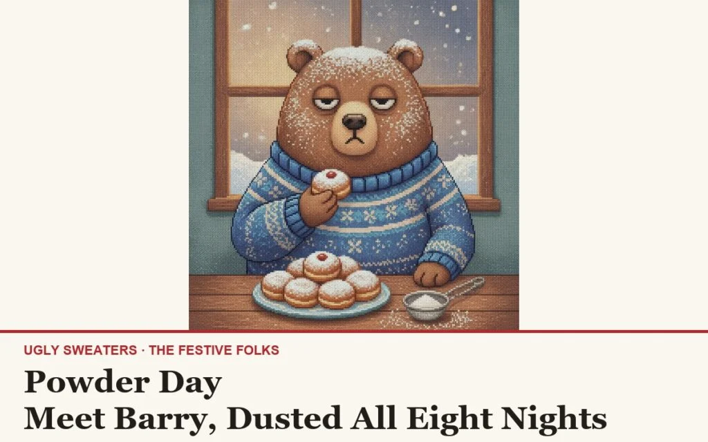 Powder Day: Barry the bear dusted in powdered sugar holding a sufganiyah, stitched illustration