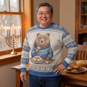 Plus size styling photo, Powder Day Ugly Hanukkah Sweater