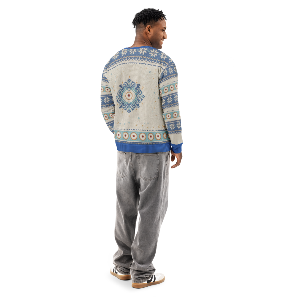 Powder Day Hanukkah Ugly Sweatshirt, All-Over Print on male model, back