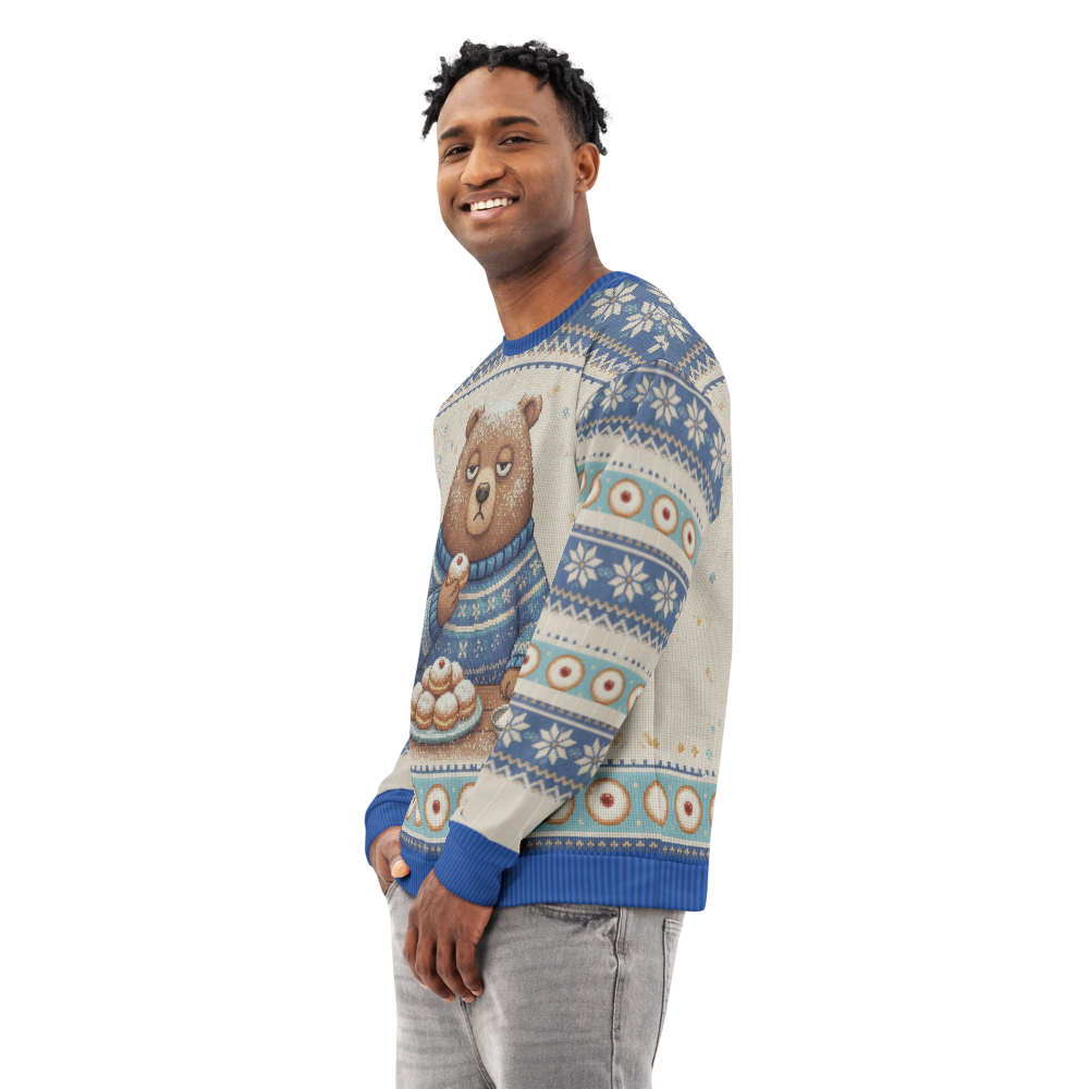 Powder Day Hanukkah Ugly Sweatshirt, All-Over Print on male model, side