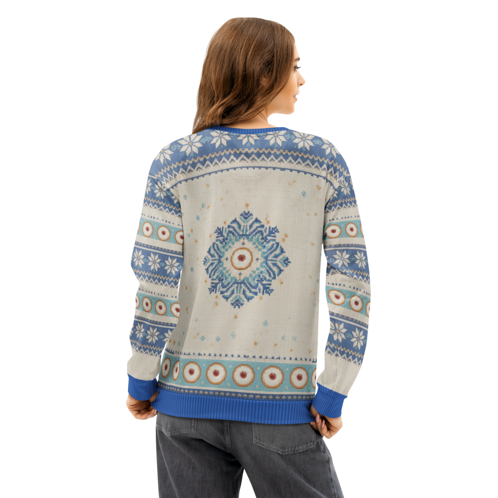 Powder Day Hanukkah Ugly Sweatshirt, All-Over Print on female model, back
