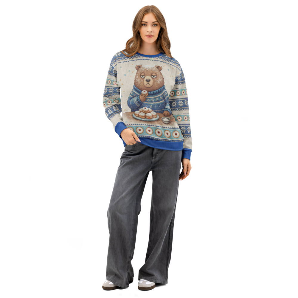 Powder Day Hanukkah Ugly Sweatshirt, All-Over Print on female model, front