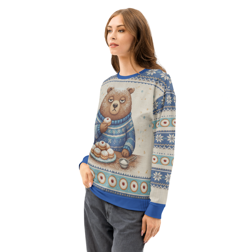 Powder Day Hanukkah Ugly Sweatshirt, All-Over Print on female model, side