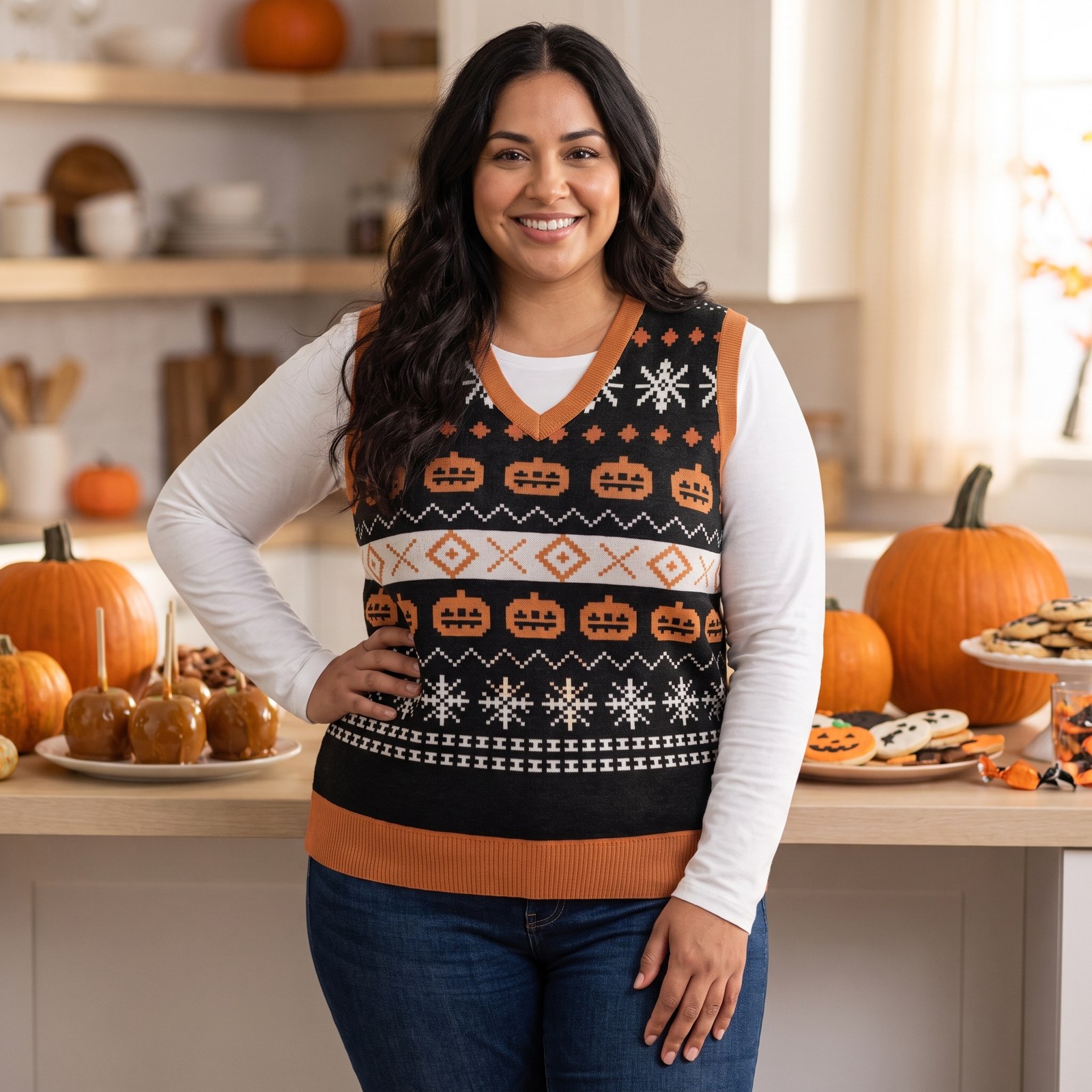 Plus size styling photo, Pumpkin Vintage Halloween Sweater Vest for Men and Women