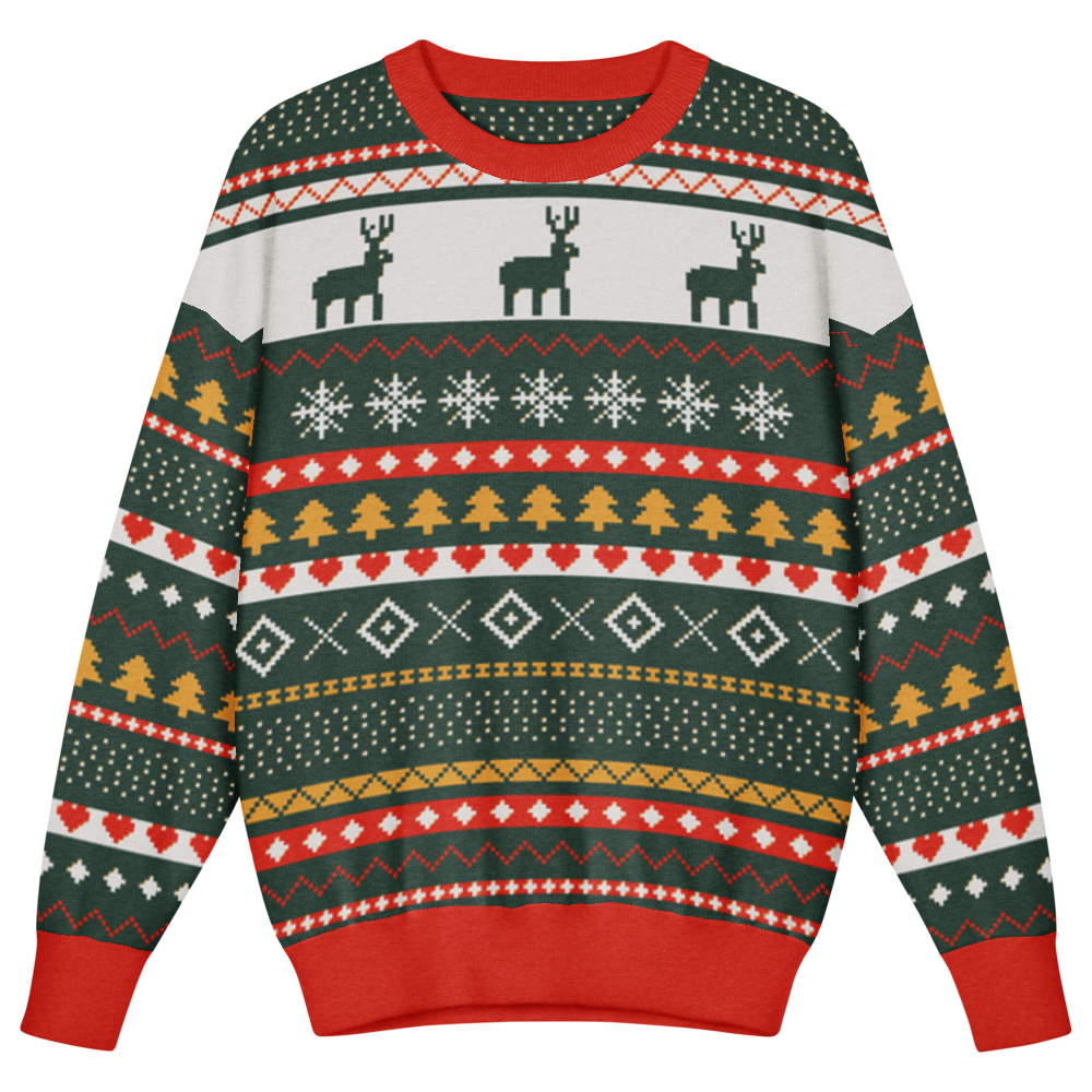 Reindeer Kids Ugly Christmas Sweater | Real Knit Fair Isle Crewneck front