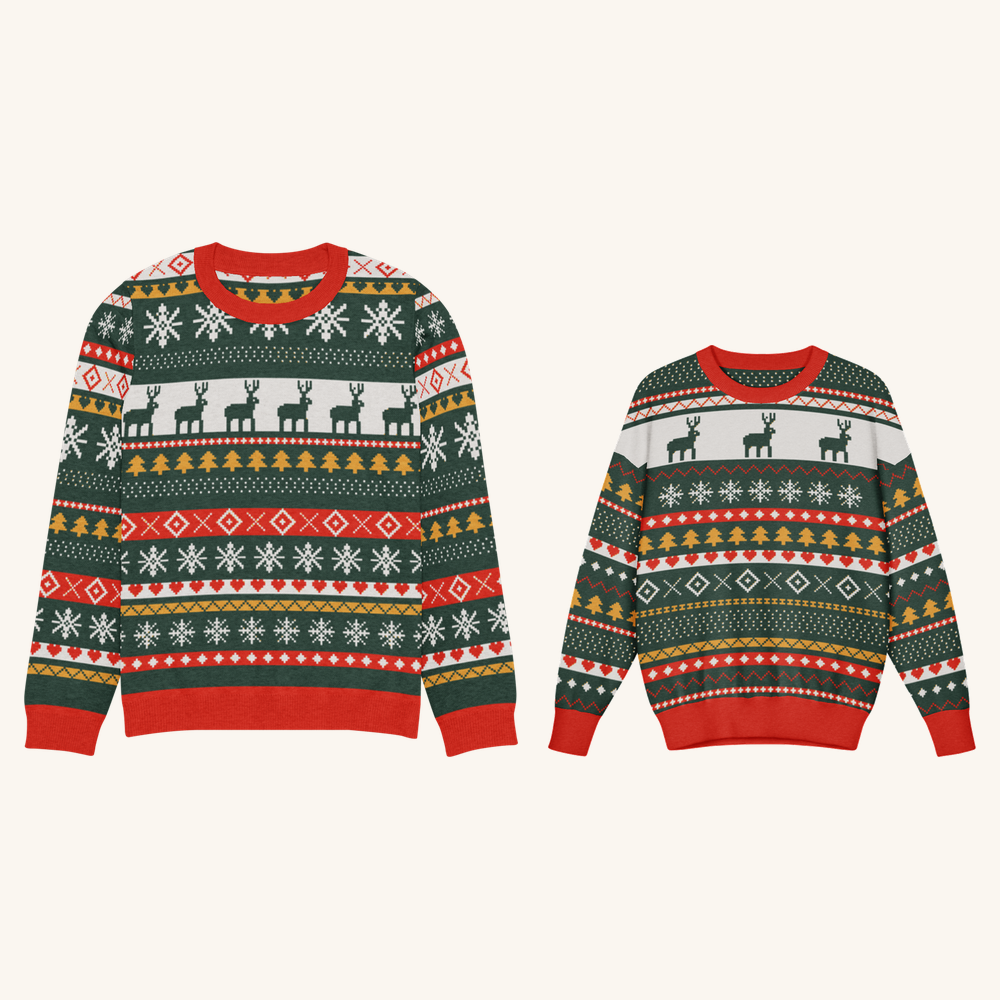 Reindeer matching parent and child Christmas set, adult and child versions side by side