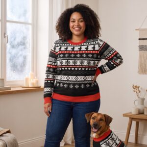 Plus size styling photo, Selbu Bird Matching Christmas Sweaters for Dog and Owner
