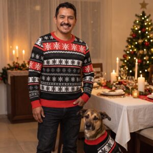 Styling photo, Selbu Stars Matching Christmas Sweaters for Dog and Owner