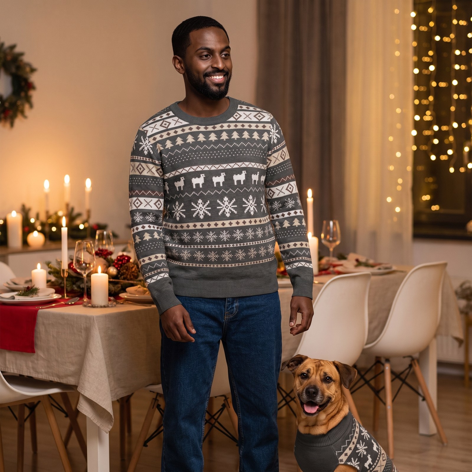 Styling photo, Icelandic Sheep Matching Christmas Sweaters for Dog and Owner