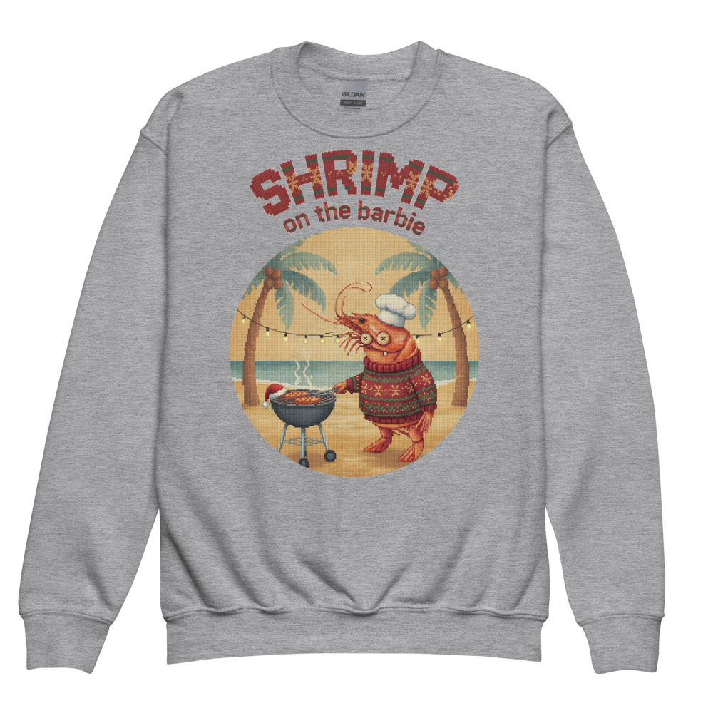Shrimp on the Barbie Kids Ugly Christmas Sweater | Youth Crewneck Sweatshirt Sport Grey flat
