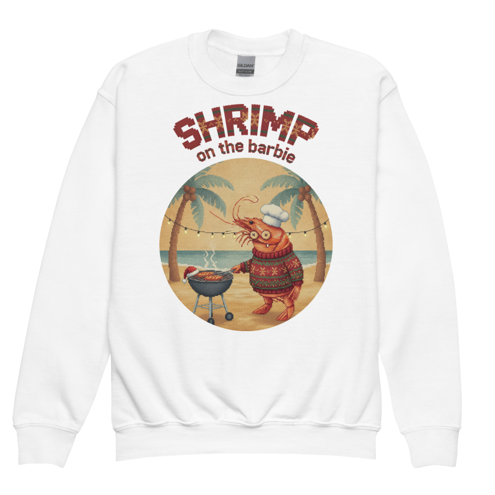 Shrimp on the Barbie Kids Ugly Christmas Sweater | Youth Crewneck Sweatshirt White flat
