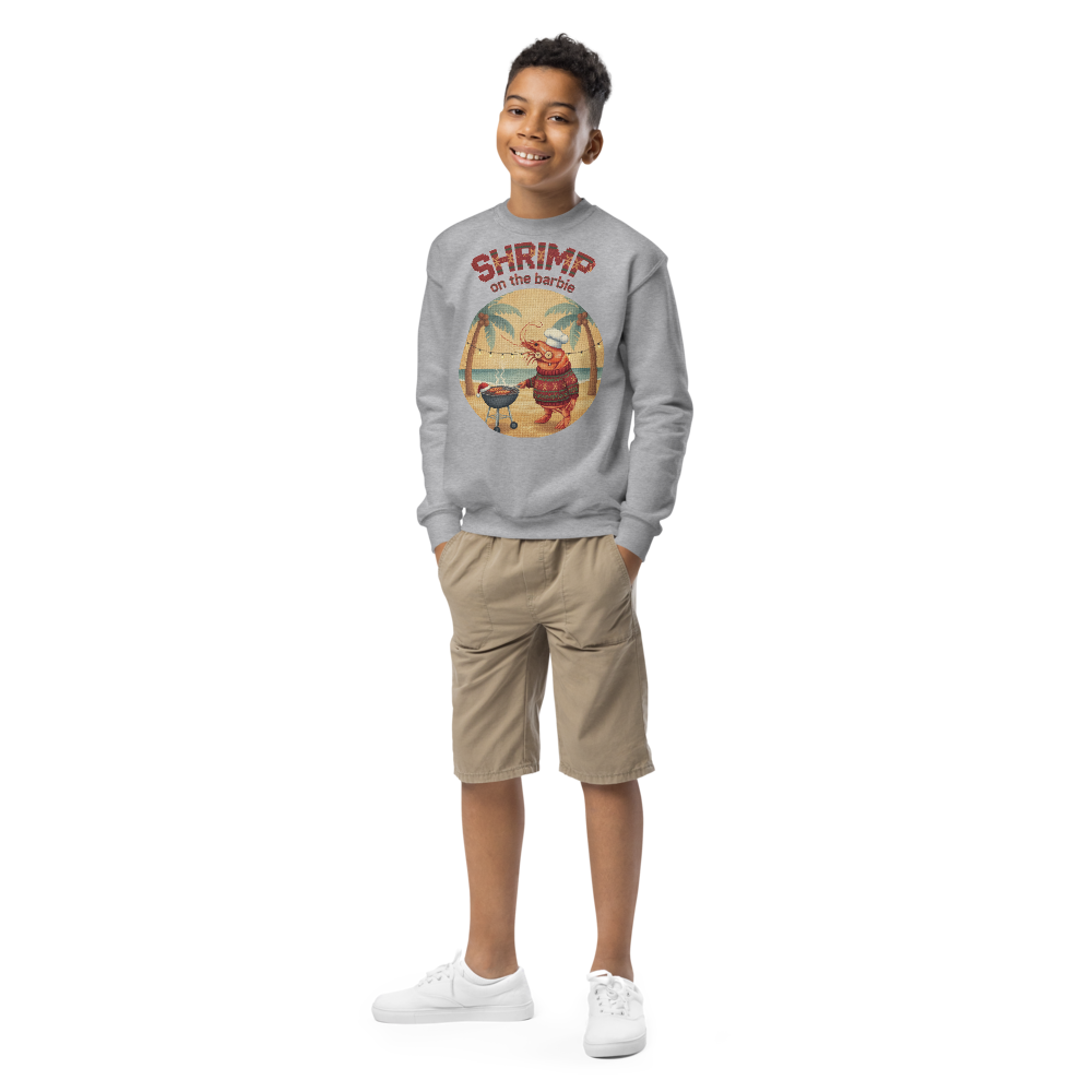 Shrimp on the Barbie Kids Ugly Christmas Sweater | Youth Crewneck Sweatshirt Sport Grey on-model boy