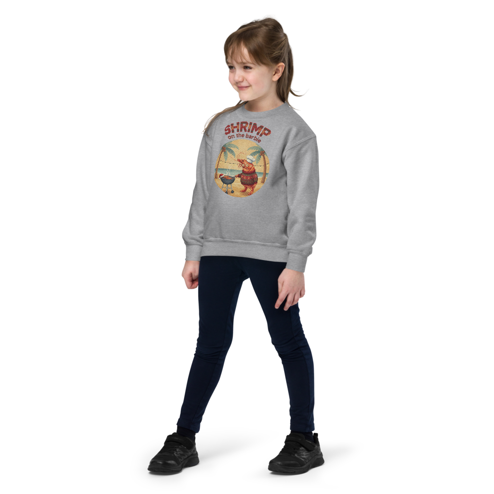 Shrimp on the Barbie Kids Ugly Christmas Sweater | Youth Crewneck Sweatshirt Sport Grey on-model girl