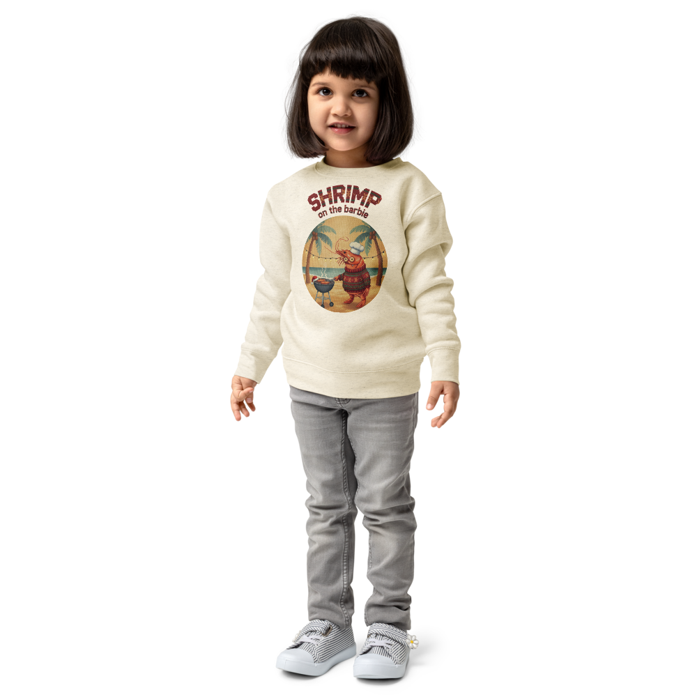 Shrimp on the Barbie Toddler Ugly Christmas Sweater | Kids Crewneck Sweatshirt, Ages 2 to 7 Natural Heather on-model girl