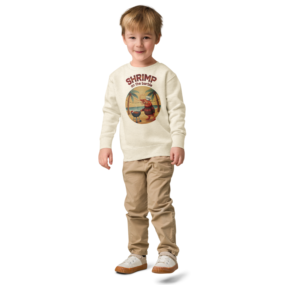 Shrimp on the Barbie Toddler Ugly Christmas Sweater | Kids Crewneck Sweatshirt, Ages 2 to 7 Natural Heather on-model boy
