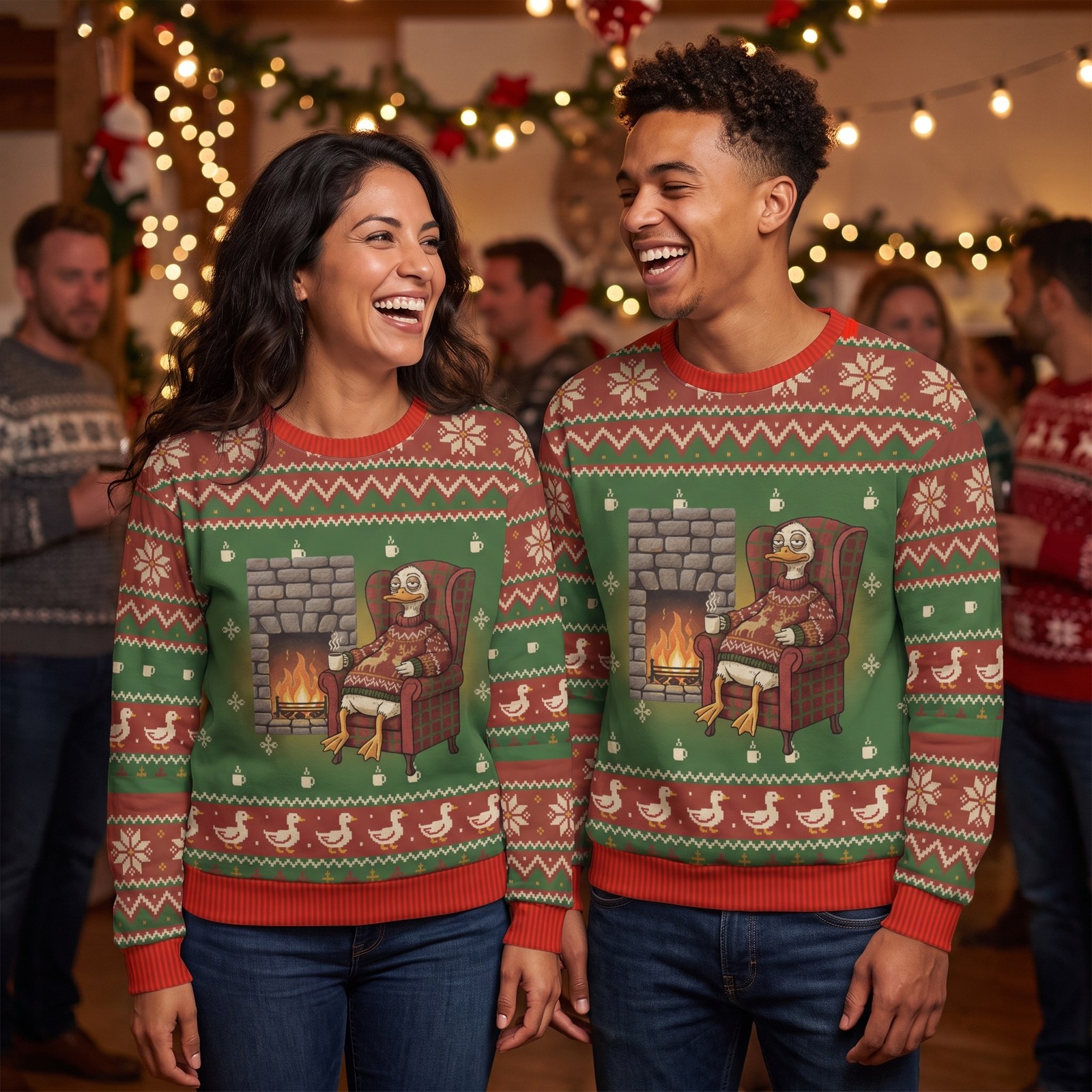 Styling photo, Sitting Duck Matching Ugly Christmas Sweaters for Couples