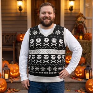 Plus size styling photo, Skeleton Vintage Halloween Sweater Vest for Men and Women