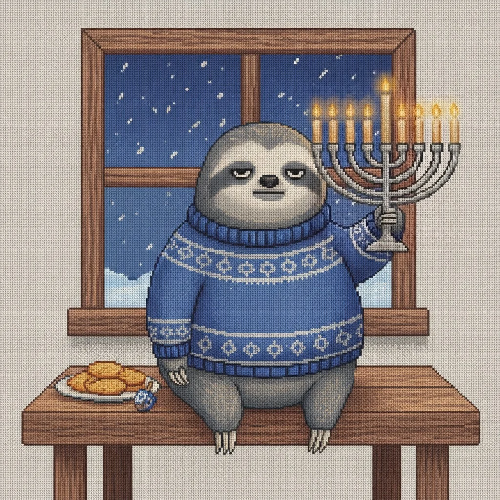 Slow Burn Hanukkah ugly sweater character art: a sloth in a blue knitted sweater sitting on a wooden bench holding a lit menorah, with dreidels and latkes around him
