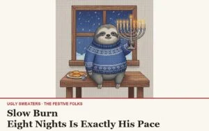 Slow Burn: the sloth holding a lit nine-candle menorah, stitched illustration