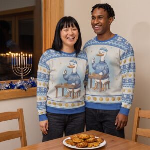 Styling photo, Spin Class Matching Ugly Hanukkah Sweaters for Couples