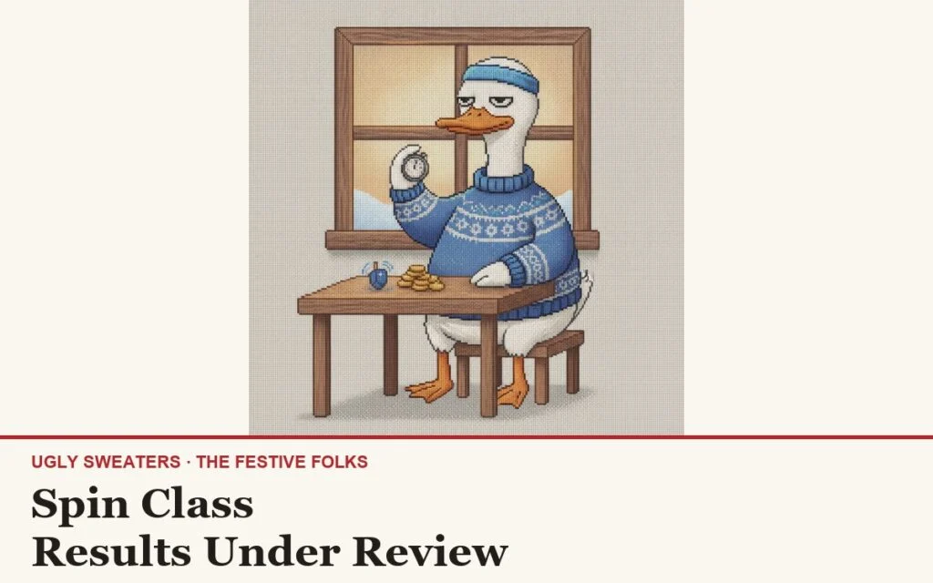 Spin Class: the Sitting Duck in a sweatband timing a dreidel with a stopwatch, stitched illustration