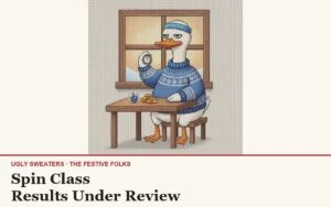 Spin Class: the Sitting Duck in a sweatband timing a dreidel with a stopwatch, stitched illustration