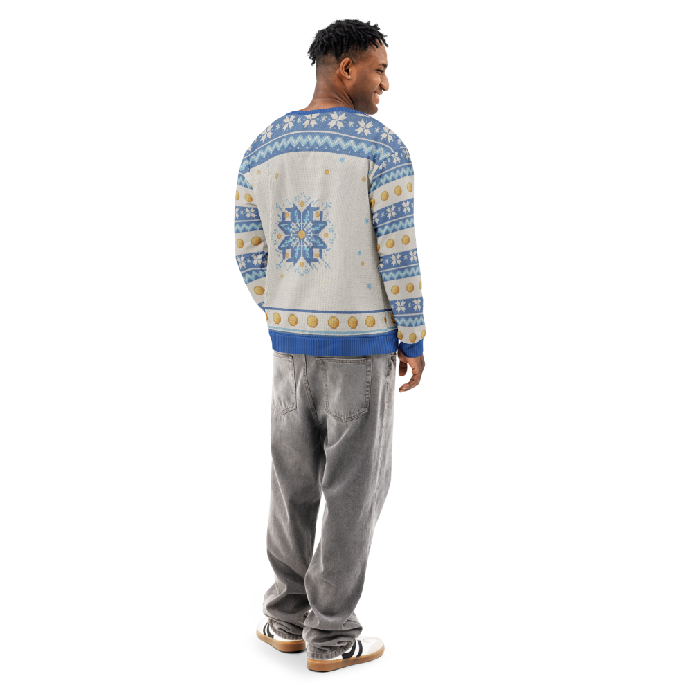 Spin Class Hanukkah Ugly Sweatshirt, All-Over Print on male model, back