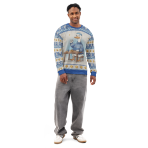 Spin Class Hanukkah Ugly Sweatshirt, All-Over Print on male model, front