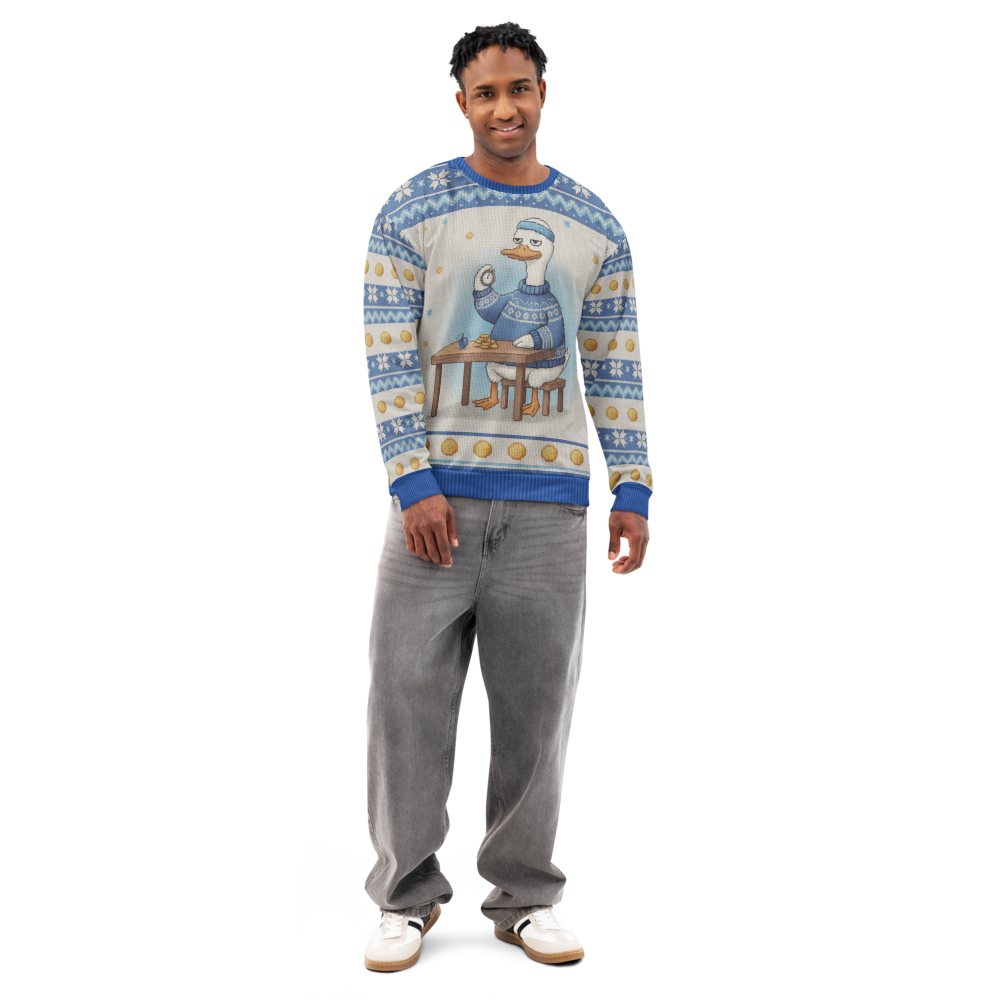 Spin Class Hanukkah Ugly Sweatshirt, All-Over Print on male model, front