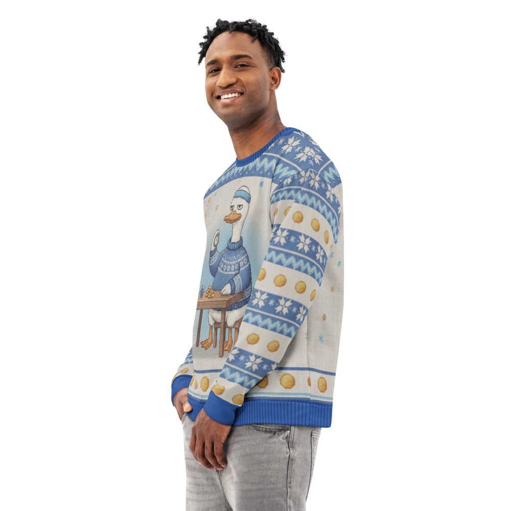 Spin Class Hanukkah Ugly Sweatshirt, All-Over Print on male model, side
