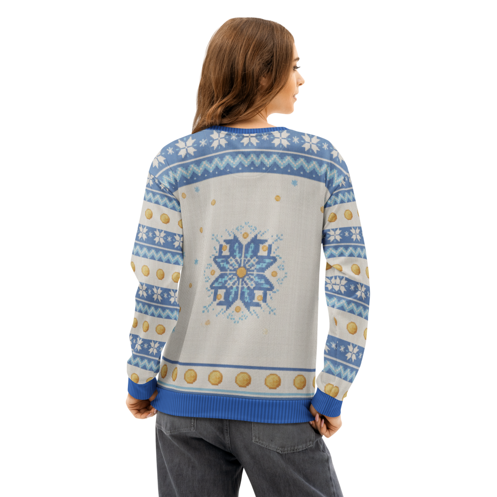 Spin Class Hanukkah Ugly Sweatshirt, All-Over Print on female model, back