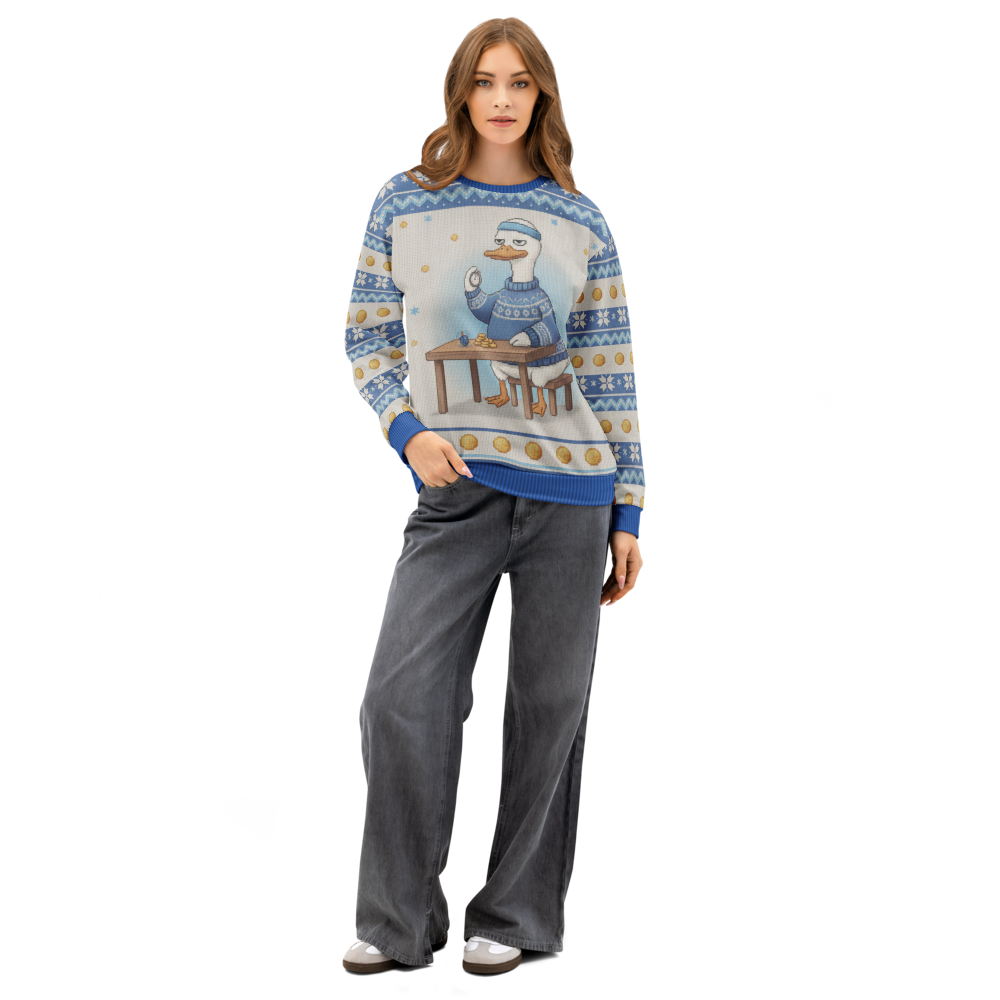 Spin Class all-over-print ugly Hanukkah sweatshirt on a model, 79.99 US dollars