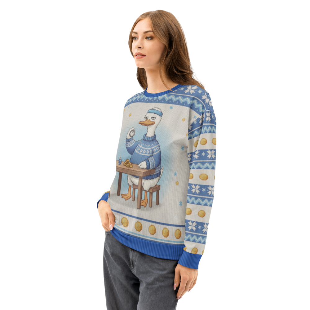Spin Class Hanukkah Ugly Sweatshirt, All-Over Print on female model, side