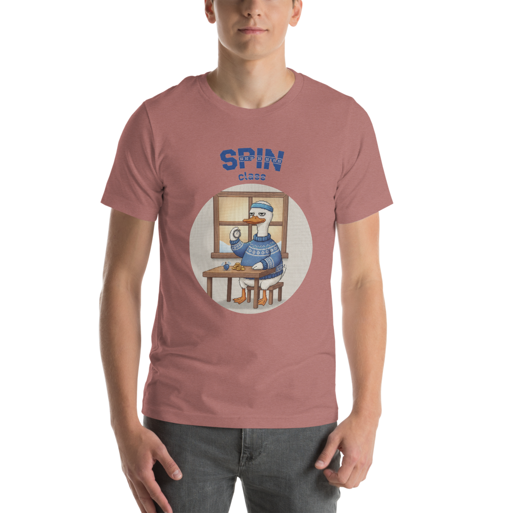 Spin Class funny Hanukkah tee on a model, 27.99 US dollars