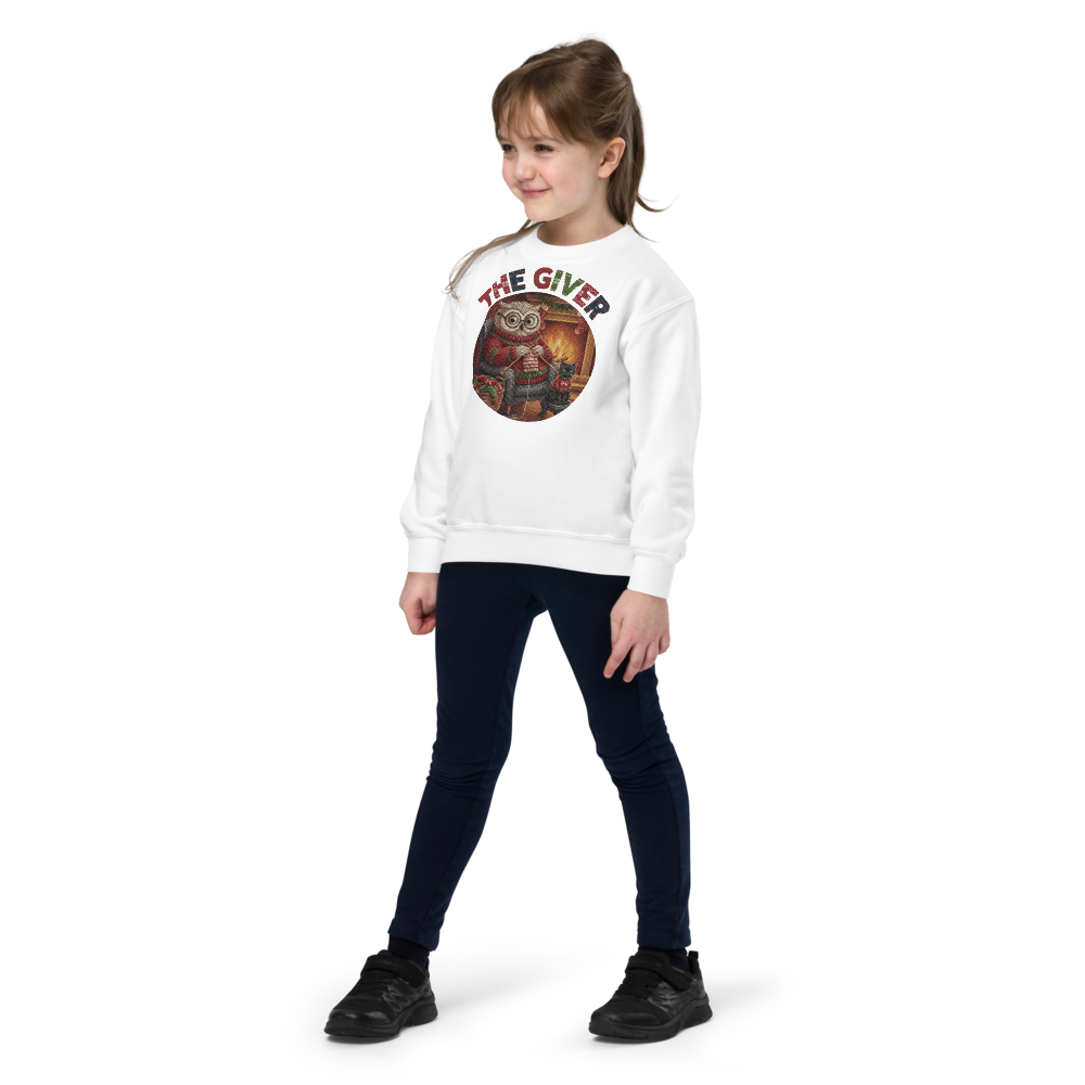 The Giver Kids Ugly Christmas Sweater | Youth Crewneck Sweatshirt White on-model girl