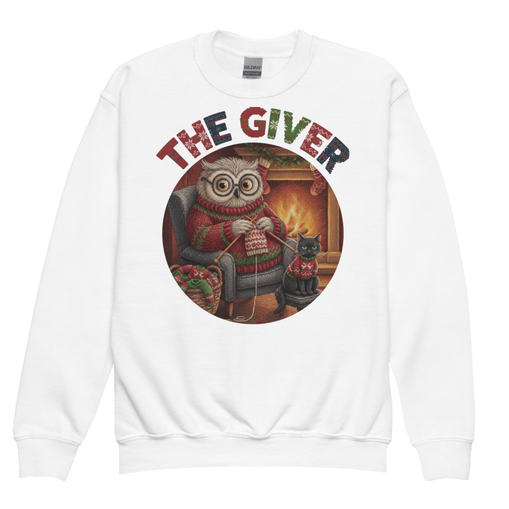 The Giver Kids Ugly Christmas Sweater | Youth Crewneck Sweatshirt White flat