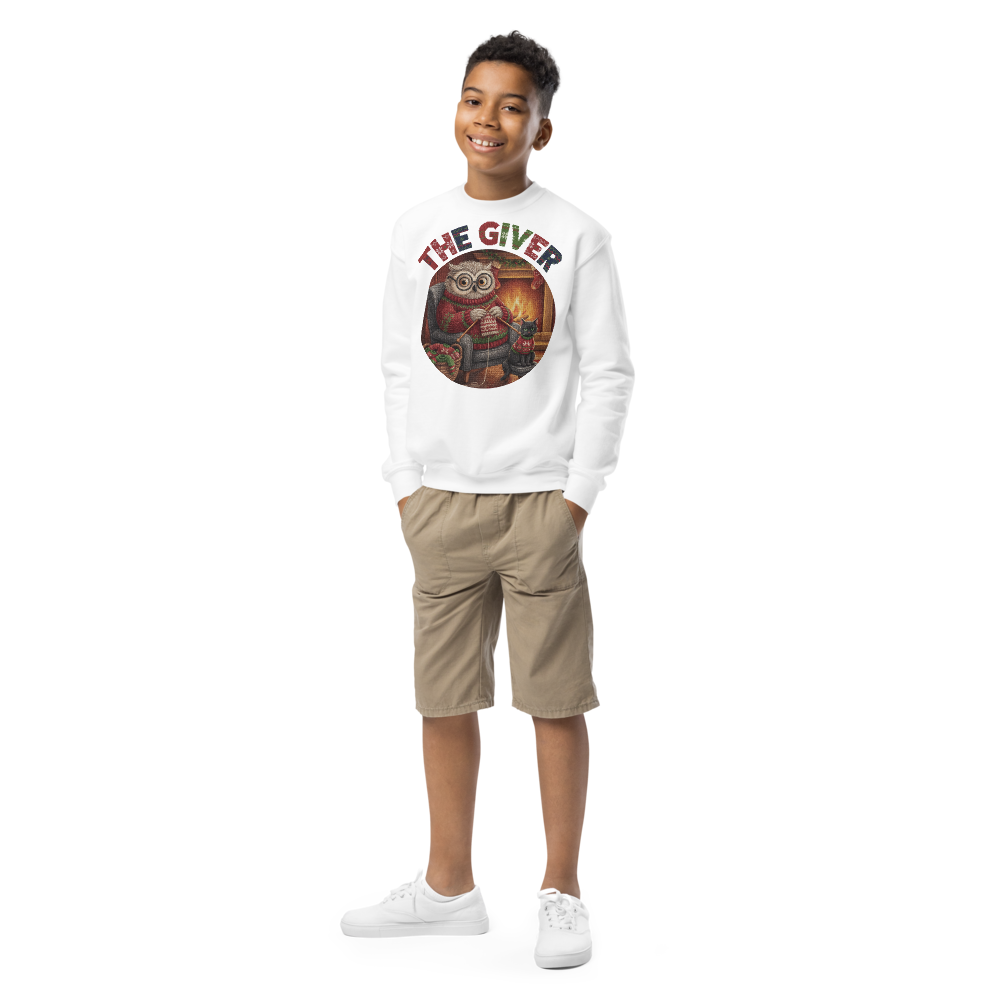 The Giver Kids Ugly Christmas Sweater | Youth Crewneck Sweatshirt White on-model boy