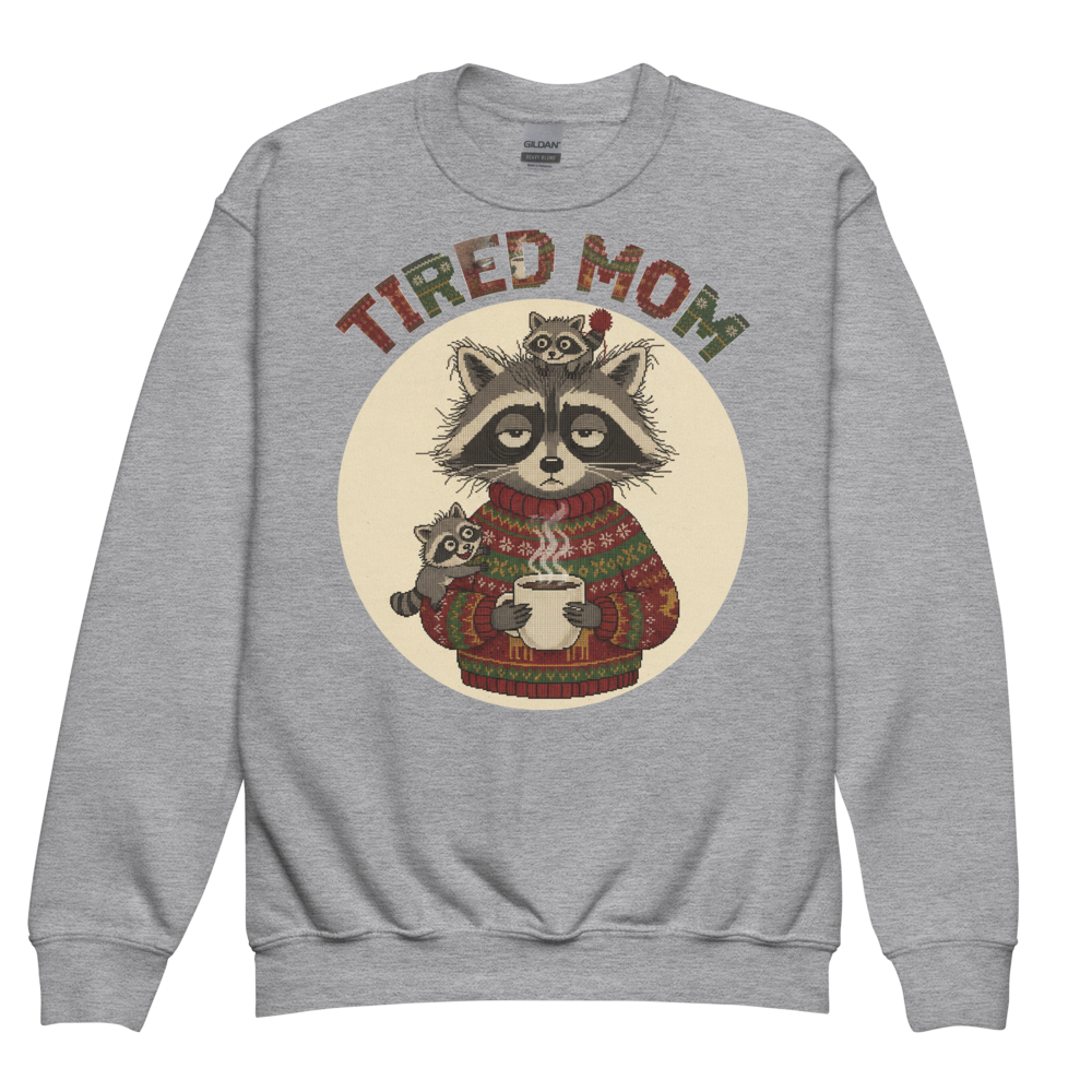 Tired Mom Kids Ugly Christmas Sweater | Youth Crewneck Sweatshirt Sport Grey flat