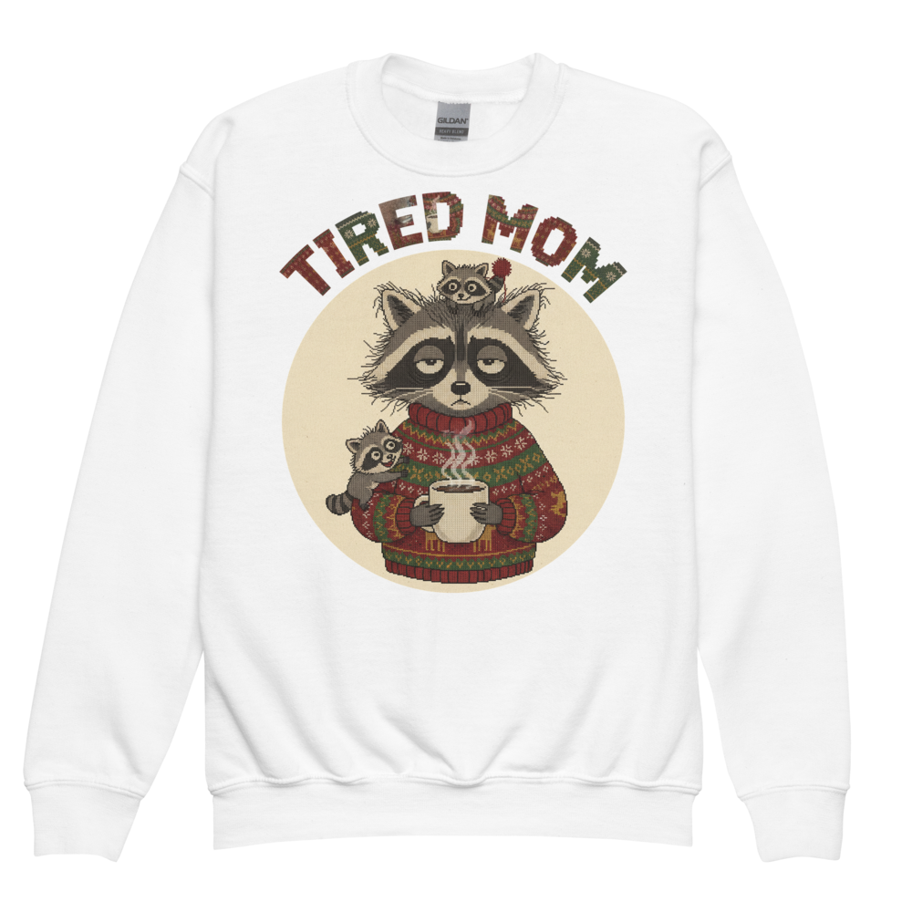 Tired Mom Kids Ugly Christmas Sweater | Youth Crewneck Sweatshirt White flat