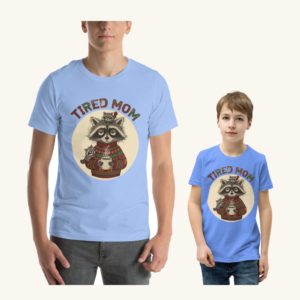Tired Mom matching parent and child Christmas set, adult and child versions side by side